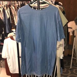 Denim ruffle sleeve midi dress